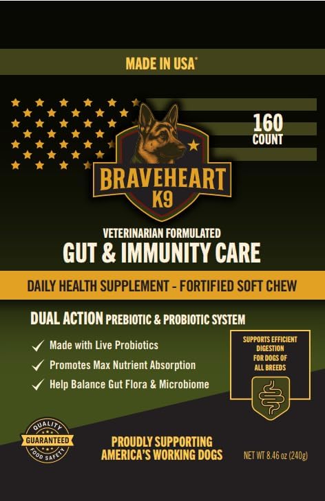 Braveheart K9 Gut & Immunity Care Dog Supplement, Veterinarian Formulated, Dual Action Prebiotic & Probiotic System, Fortified Soft Chew, 160 Count