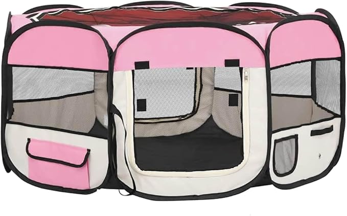 vidaXL Foldable Dog Playpen: Portable and Sturdy Design, Ideal for Travel and Home Use, with Storage Pockets and Zippered Mesh Roof, Pink