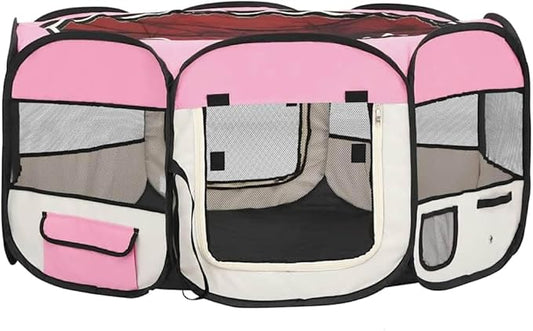 vidaXL Foldable Dog Playpen: Portable and Sturdy Design, Ideal for Travel and Home Use, with Storage Pockets and Zippered Mesh Roof, Pink