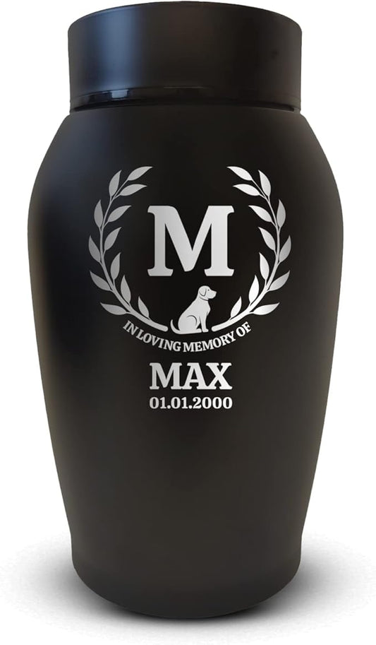 Personalized Custom Dog Urn Engraved Dog Name and Date - Stainless Steel cremation urns for dogs ashes with Airtight Closure | Leaves Border