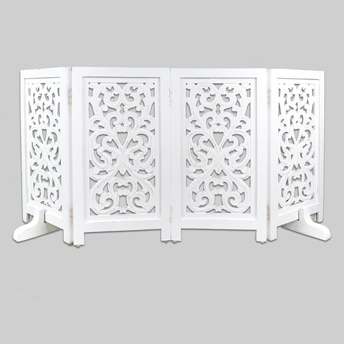 Decorative Wooden Pet Gate, Dog Fence, Cat Gate, Foldable, Adjustable, Portable, Extra-Wide, Wooden Dog Barrier, Free-Standing Puppy Gate 4 Panels for Indoor, Doorways, Stairs-26x52 Inch White Antique