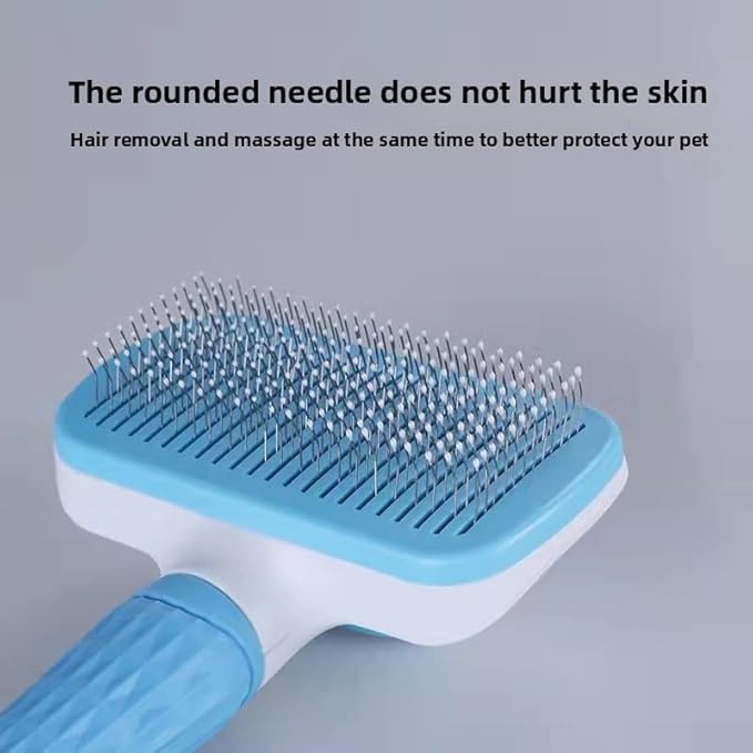 Pet hair grooming square brush with Massage Particles, Self Cleaning Dematting Comb Dogs and Cats, Easy to Use, Ergonomic Handle Design (Blue)
