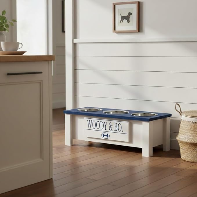 GTW Elevated 3 Bowl Dog Feeding Station - Customized Triple Stand for Medium Size Dog Breeds - Includes Storage & Stainless Steel Bowls (Medium, Blue)