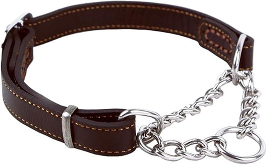 Love Dream Martingale Collars for Dogs, Genuine Leather Training Dog Collar, Stainless Steel Chain Anti-Escape No Pull Dog Collar for Medium Large Dogs (L(15.7"-20.9"), Brown)