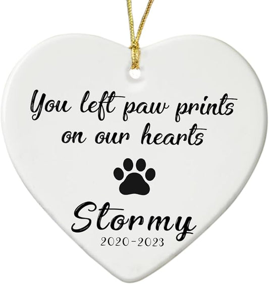 Personalized Pet Memorial Ornament for Dog or Cat - You Left Paw Prints on Our Hearts - Heart Ceramic Ornaments Hanging Decoration for Christmas Tree