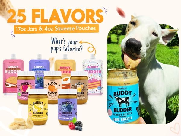 BUDDY BUDDER Bark Bistro Company, Superberry Snoot + Pumpkin Pup, Natural Dog Peanut Butter, Dog Treat, Made in USA (Set of 2, 17oz Jars)