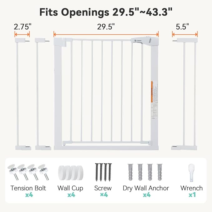 COMOMY 29.5-43.3" Baby Gate Extra Wide for Stairs Doorways, Auto Close Dog Gates for The House, Pet Gates with Walk Through Door, SturdyMetal Pressure Mounted Safety Child Gate, White