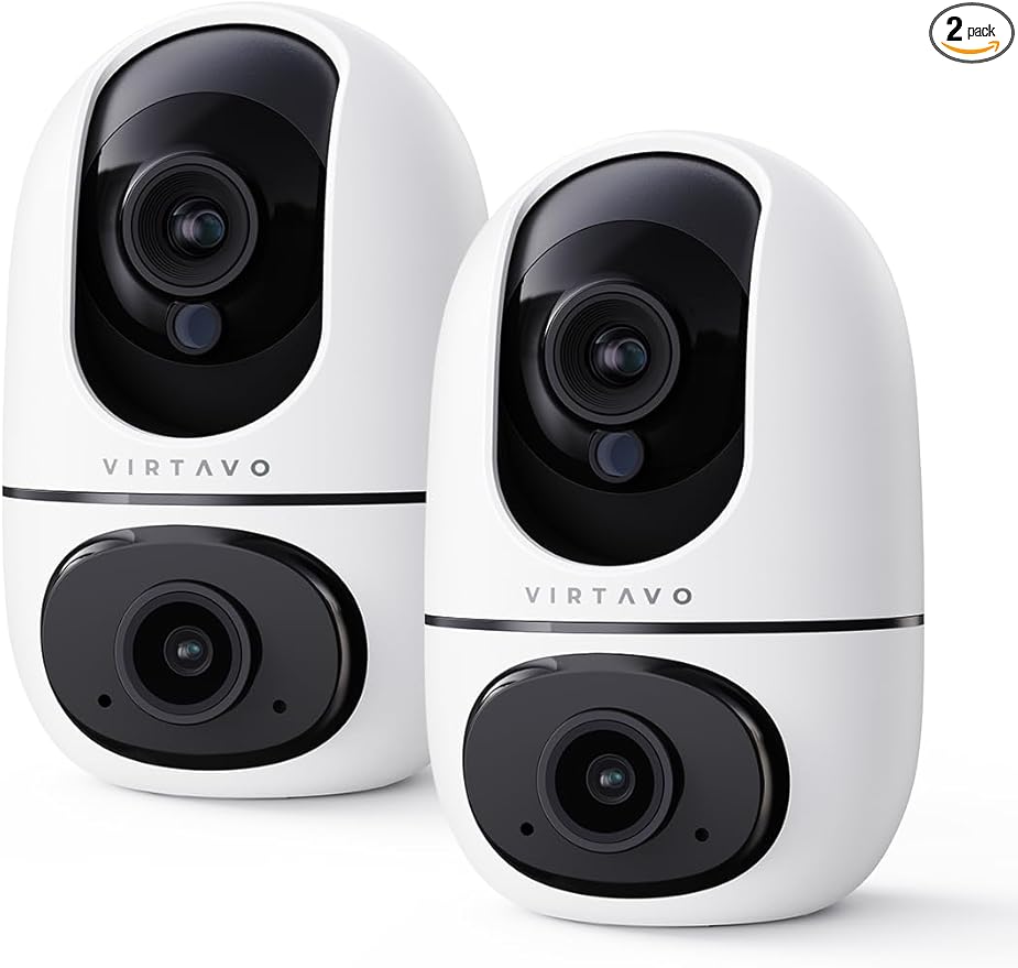 VIRTAVO XD1 Indoor Pet & Baby Camera, No Subscription Required, Dual-Lens 360° PTZ, Motion Tracking, 2-Way Audio, Night Vision, Cloud/SD Storage, Phone App, WiFi, 2-Pack with 2-Year Warranty