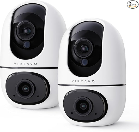 VIRTAVO XD1 Indoor Pet & Baby Camera, No Subscription Required, Dual-Lens 360° PTZ, Motion Tracking, 2-Way Audio, Night Vision, Cloud/SD Storage, Phone App, WiFi, 2-Pack with 2-Year Warranty