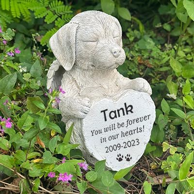 Angel Dog Holding Heart Memorial Stone, Dog Garden Statue Pet Headstone Grave Markers Outdoor Loss Sympathy Gift