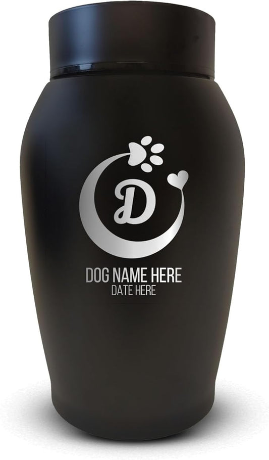Personalized Custom Small Keepsake Urn Engraved with Pet Name, Date, and Dog Design - 5.2" Black Powder Coated Steel Cremation Urn for Dogs Ashes | 12-16 lb Capacity, Crescent Paw and Heart