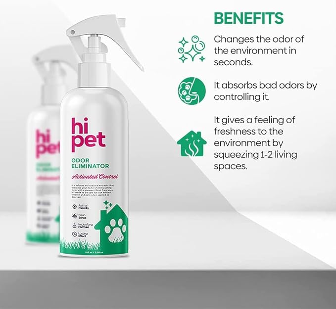 Hi Pet Odor Eliminator Spray, Cat Litter Deodorizer, Kennel Odor Eliminator, Ends The Bad Smells Caused by Cats and Dogs, Pet Odor Neutralizer with Special Formula 3.38 Fl Oz
