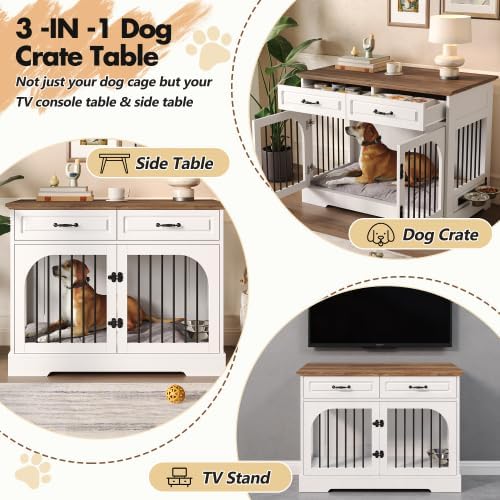 Farmhouse Dog Crate Furniture End Table with 2 Storage Drawers, 360° Rotating Locking Food Bowls, Large & Medium Indoor Metal Bar Kennel for Living Room, White and Brown