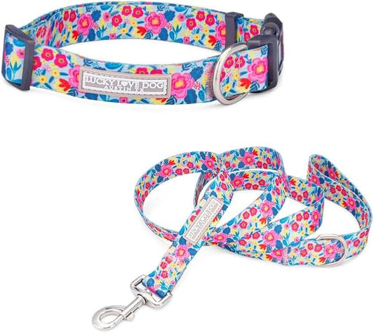 Lucky Love Dog - Adjustable Dog Collar and Leash Set with Easy Click Buckle for Large Dogs, Durable, & Comfortable Collar for Male & Female Dogs, Puppies & Adult Ones - Valentina Combo, Large