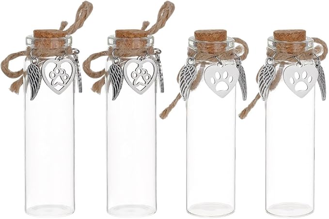 4pcs Pet Hair Keepsake Bottle Dog Cat Clear Hair Memorial Mini Glass Vial with Angel Wings Pet Fur Locket Bottle with Heart Paw Ornaments for Pet Loss Sympathy Gift Pet Ashes Hair Storage