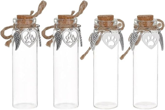 4pcs Pet Hair Keepsake Bottle Dog Cat Clear Hair Memorial Mini Glass Vial with Angel Wings Pet Fur Locket Bottle with Heart Paw Ornaments for Pet Loss Sympathy Gift Pet Ashes Hair Storage