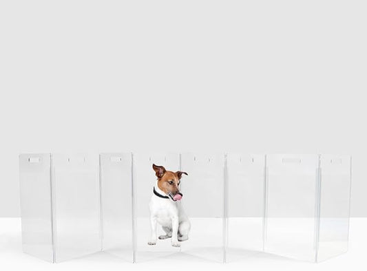 Hiddin Clear Acrylic Dog Gate - Low Zig Zag Clear Pet Gate for Home 8 Panels - Sturdy Free-Standing Design - Modern Clear Acrylic Dog Pen - Transparent Pet Gate for Home - Safe & Stylish
