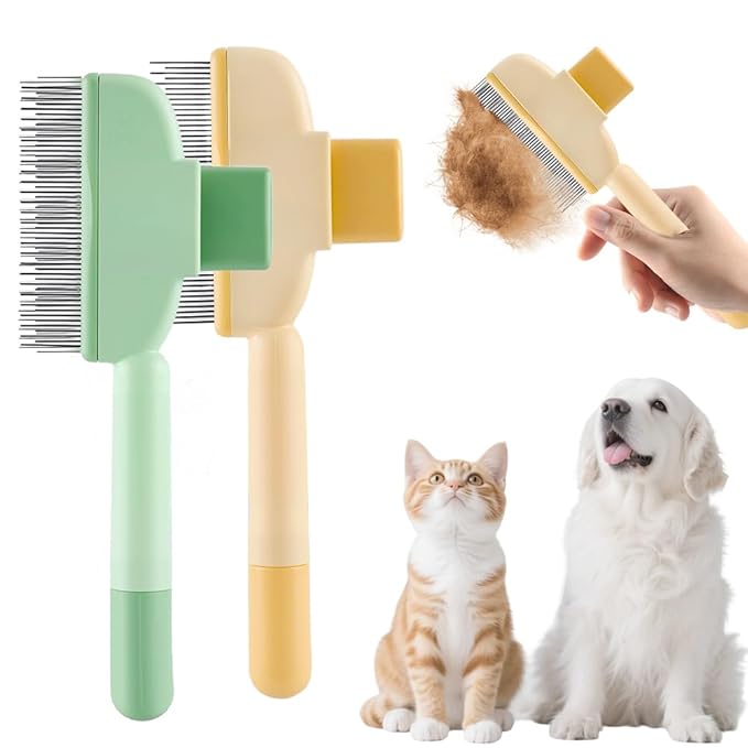 2-in-1 Pet Grooming Brush, Magic Pet Hair Remover Comb with Self-Cleaning Button for Dogs & Cats, Shedding Brush for Long/Short Hair, Home & Furniture Fur Removal Tool (Green + Yellow)