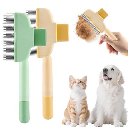 2-in-1 Pet Grooming Brush, Magic Pet Hair Remover Comb with Self-Cleaning Button for Dogs & Cats, Shedding Brush for Long/Short Hair, Home & Furniture Fur Removal Tool (Green + Yellow)