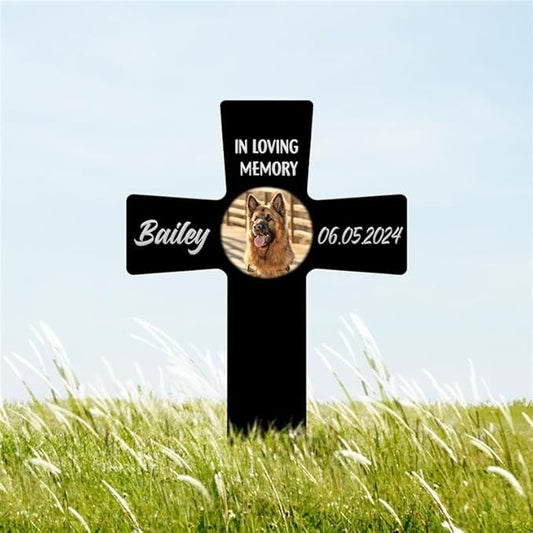 AVAGifts Personalized Pet Photo Memorial Cross Metal – Forever in Our Hearts Grave Marker, Custom Name & Date Outdoor Memorial Stake, Loss of Cat Sympathy Gift, Custom Dog Grave Marker for Cemetery, Easter Gifts