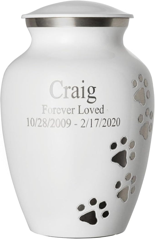 Ottillie Paws Premier Series Pet Urn for Dogs with Personalized Laser Engraving (X-Large - Pets up to 170 lbs, Cloud White with Vertical Pewter Paws)