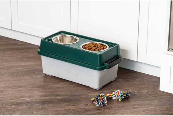 IRIS Remington 13 Lb /12 Qt Medium Elevated Feeder with Airtight Pet Food Storage Container, Dry Food Bin with Removable Stainless Steel Bowls, At Home Camping Roadtrip Pet Food Container, Green