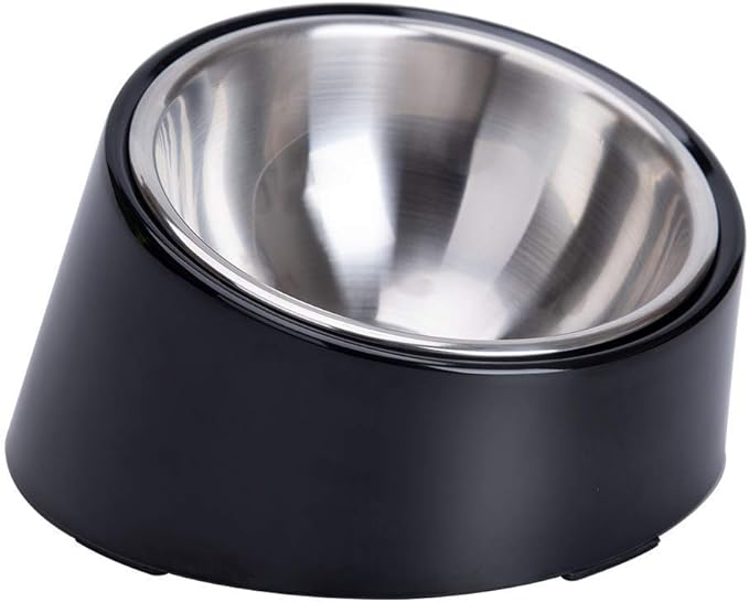 SuperDesign Small Tilted Dog Bowl for Flat-Faced Breeds, Slanted Bulldog Feeder with 2 oz / 0.5 Cup Capacity, 15° Angled Feeding Bowl for Puppies, Cats & Small Dogs, Dark Black