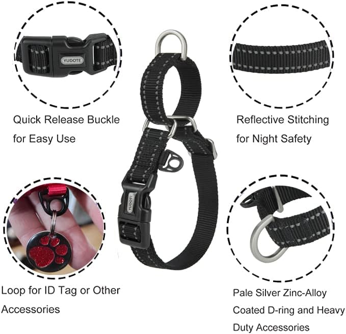 Martingale Collar Reflective Nylon Collar with Safety Quick Release Buckle,Escape-Proof Anti-Pull for Small Medium and Heavy Duty Dogs(Bluack,L)