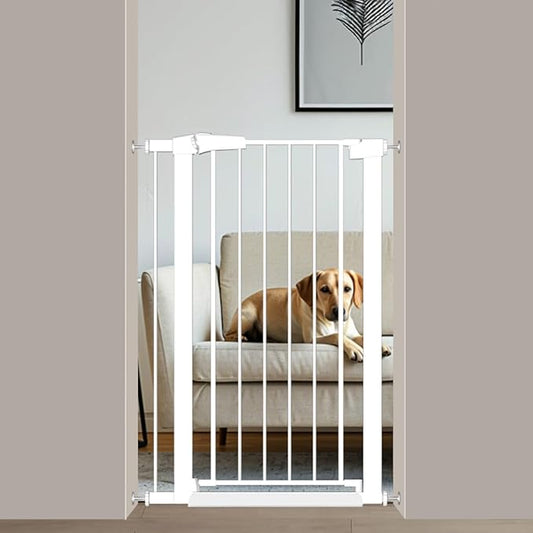 Fairy Baby Narrow Baby Gate 26.8 Inch to 29.5 Inch Wide, 38" Extra Tall Metal Safety Child Gate Auto Close Walk Through Pet Gates Pressure Mounted or Small Stairs and Doorways Indoor No Drill, White