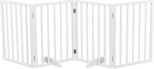 BONNLO Free Standing Dog Gate Indoor, Foldable Pet Gate for Dogs and Puppy, 24" Height Wooden Dog Gates for Doorways Extra Wide/Stairs/Hallways (White, 4 Panel)