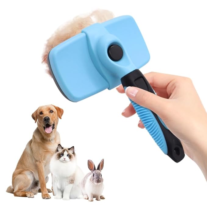Self Cleaning Slicker Brush for Dogs & Cats, Gentle Deshedding and Hair Removal Tool for Long & Short Haired Pets, Easy Push Button, Blue