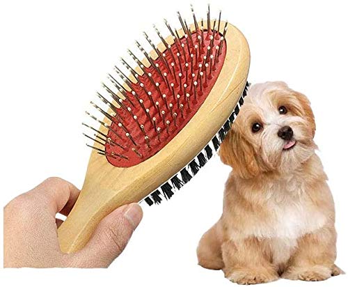 Wooden Dog Brush Double Sided Pet Hair Grooming Brush Dog Pin Brush and Bristle Soft Brush, Dogs Comb and Brush Grooming Tools for Cleaning for Dogs & Cats with Long or Short Hair
