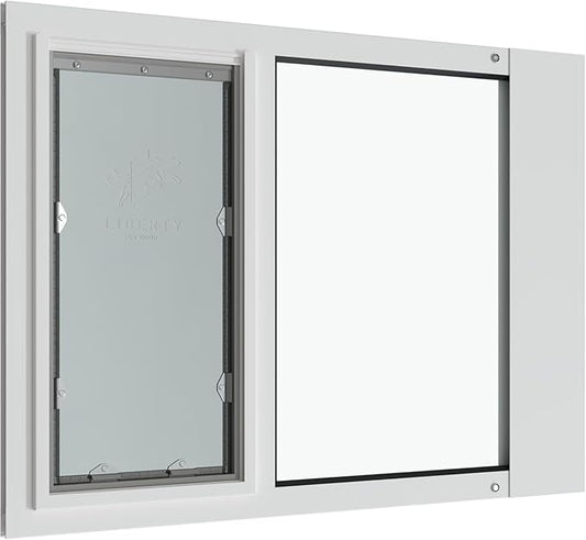 Liberty Pet Door Panel for Sash Windows | Durable Aluminum Frame with Closing Cover | Energy Efficient Safety Glass | White, Large Flap, 38" - 39.5" Width