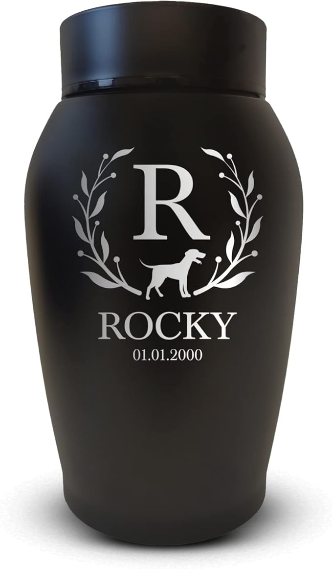 Personalized Custom Dog Urn Engraved Dog Name and Date - Stainless Steel cremation urns for dogs ashes with Airtight Closure | Flower Border