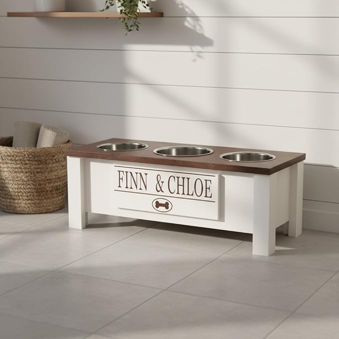 GTW Elevated 3 Bowl Dog Feeding Station - Customized Triple Stand for Medium Size Dog Breeds - Includes Storage & Stainless Steel Bowls (Medium, Brown)