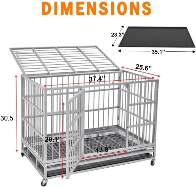 38 Inch Heavy Duty Dog Crate Cage with Wheels, Indestructible and Escape Proof Steel Kennel Indoor for High Anxiety Dogs with Sturdy Locks, Double Door and Removable Tray, Extra Large XL XXL
