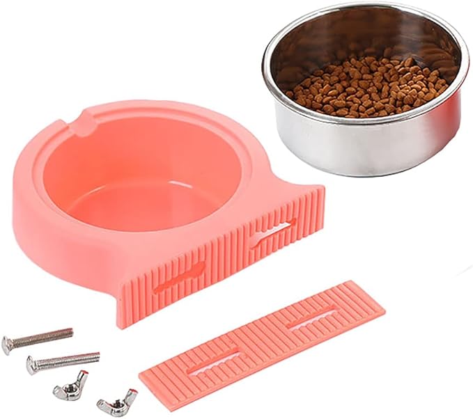 Crate Dog Cat Bowls, Removable Stainless Steel Hanging Pet Cage Bowls for Kennel, Crate Food Water Feeder Bowls with Bolt Holder for Cat, Puppy, Rabbite Birds and Other Small Animals (Large, Pink)