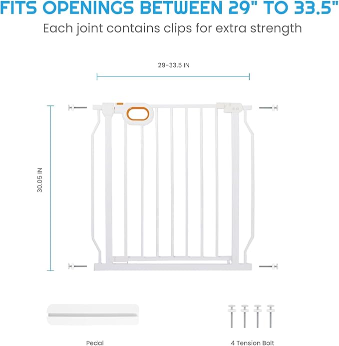 owlie Baby Gate for Stairs 29-33 Inch Wide, Safety House Gate for Baby Pet Gate with Door Pressure Mounting Gates for Kids Toddler Dogs Indoor Stairway Doorway White (30.5'' Tall)