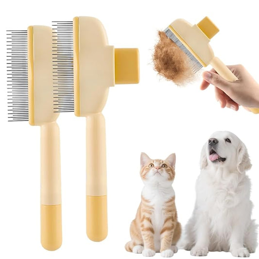 2-in-1 Pet Grooming Brush, Magic Pet Hair Remover Comb with Self-Cleaning Button for Dogs & Cats, Shedding Brush for Long/Short Hair, Home & Furniture Fur Removal Tool (Yellow 2PCS)