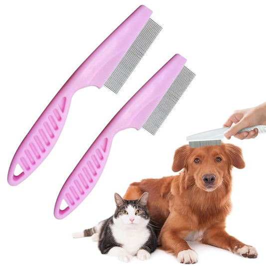 2PCS Multifunctional Pet Hair Comb, 2025 New Tear Stain Removal Comb Pet Grooming Brush, Dual-Sided Fine-Tooth Stainless Grooming Massage Comb Kit for Puppies (Pink)