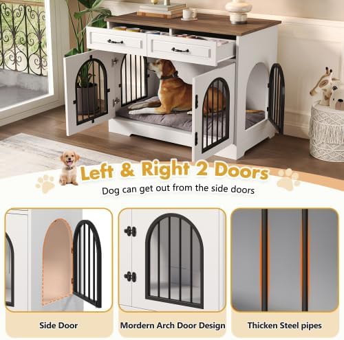 43.3" Dog Crate Furniture End Table with 2 Storage Drawers, Heavy Duty Indoor Dog Kennel for Medium Large Dogs, Side Entry Doors, Anti-Chew Escape Proof Pet Cage, White and Brown