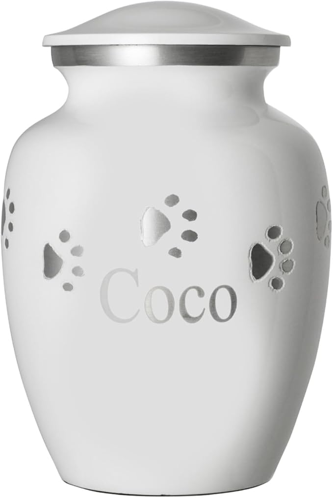 Ottillie Paws Premier Series Pet Urn for Dogs with Personalized Laser Engraving (Medium - Pets up to 65 lbs, Cloud White with Horizontal Pewter Paws)