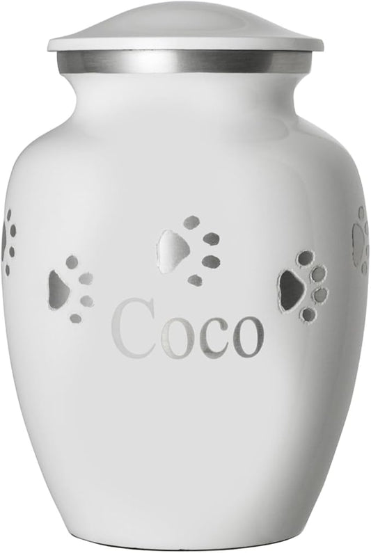 Ottillie Paws Premier Series Pet Urn for Dogs with Personalized Laser Engraving (Medium - Pets up to 65 lbs, Cloud White with Horizontal Pewter Paws)
