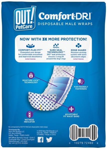 OUT! PetCare Disposable Dog Diapers Male, Puppy Belly Band, Potty Training, Doggie Diapers, Belly Bands for Male Dogs, Puppy Training, Adjustable Fasteners, Incontinence, (XS/S, 12ct) (Pack of 3)