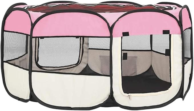 vidaXL Foldable Dog Playpen: Portable and Sturdy Design, Ideal for Travel and Home Use, with Storage Pockets and Zippered Mesh Roof, Pink