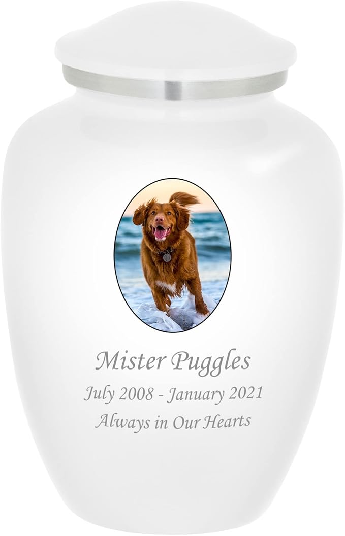 Homage Large Custom Photo Pet Cremation Urn for Pet Ashes - Vase Style Pet Urn - 200 Cubic Inch Capacity -Personalization Included (White)