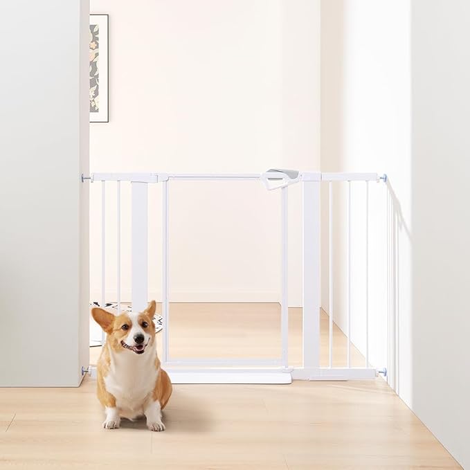 unipaws Clear Dog Gate for Doorway Stairs Wide Openings, Pressure Mounted Extra Wide Pet Door with Extension Parts, No Drilling Walk Through Gate, Indoor, White