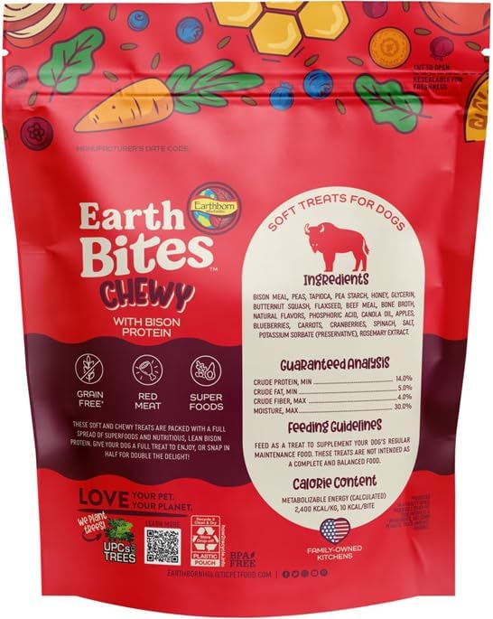 Earthborn-Holistic Dog Treats Chewy Variety Pack - 4 Delicious Earth Bites Flavors: Lamb, Bison, Turkey, & Salmon (7oz Each)