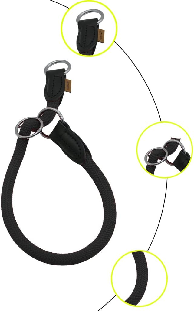 Braided Round Martingale Dog Collar, Training Collar with Slidable Stop Ring - Ideal for Large Dogs (L(1/2") - 22" Long, Black)