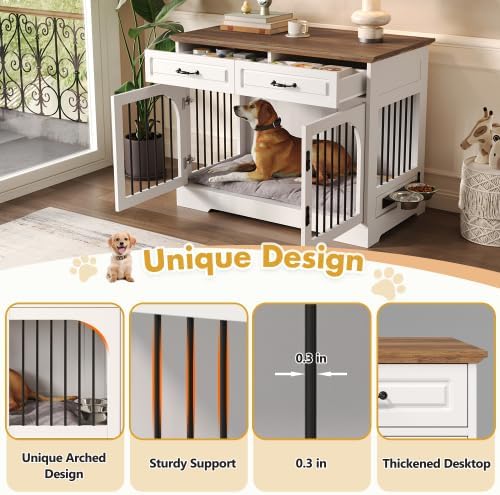 Farmhouse Dog Crate Furniture End Table with 2 Storage Drawers, 360° Rotating Locking Food Bowls, Large & Medium Indoor Metal Bar Kennel for Living Room, White and Brown